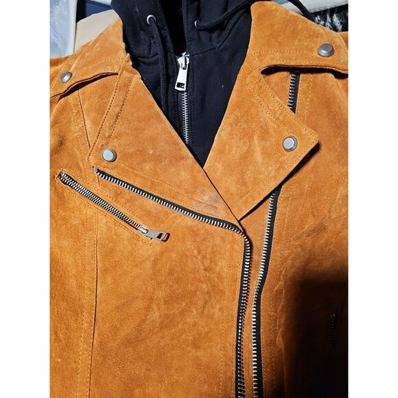 7 For All Mankind Suede Leather Moto Jacket Removeable Hood M Brown Black *Read* - Picture 4 of 5